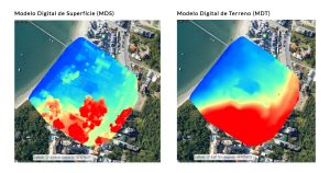 Modelo digital de superfície (MDS ou DSM) e Modelo digital de terreno (MDT ou DTM) representando uma cidade litorânea, o MDT foi gerado automaticamente através do processamento de imagens de drone no Software Mappa, 